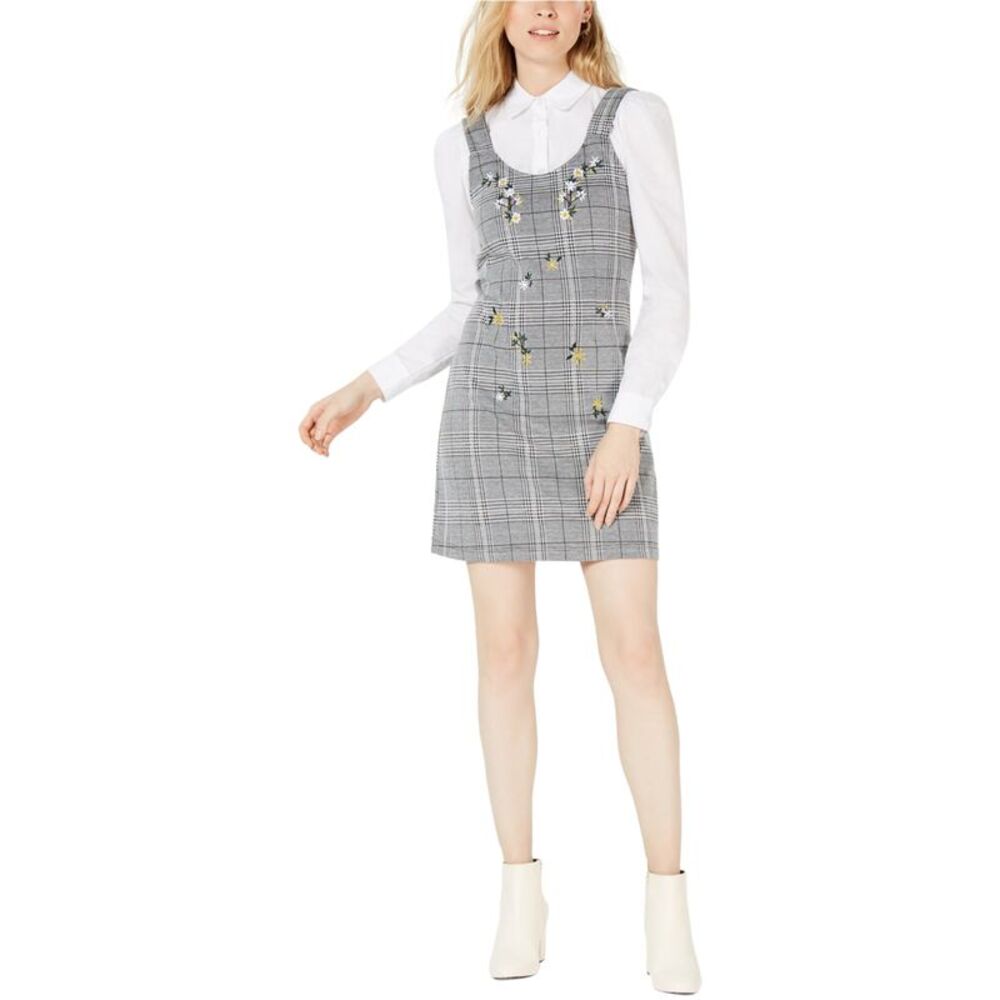 Project 28 Womens Embroidered Plaid Shift Dress, Black, S, DM